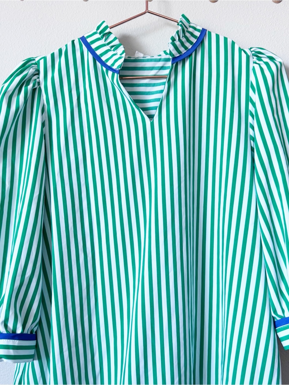 Mary Square Naomi Green and White Striped Ruffle-Hem Puff Sleeve Casual Dress - Picture 2 of 10